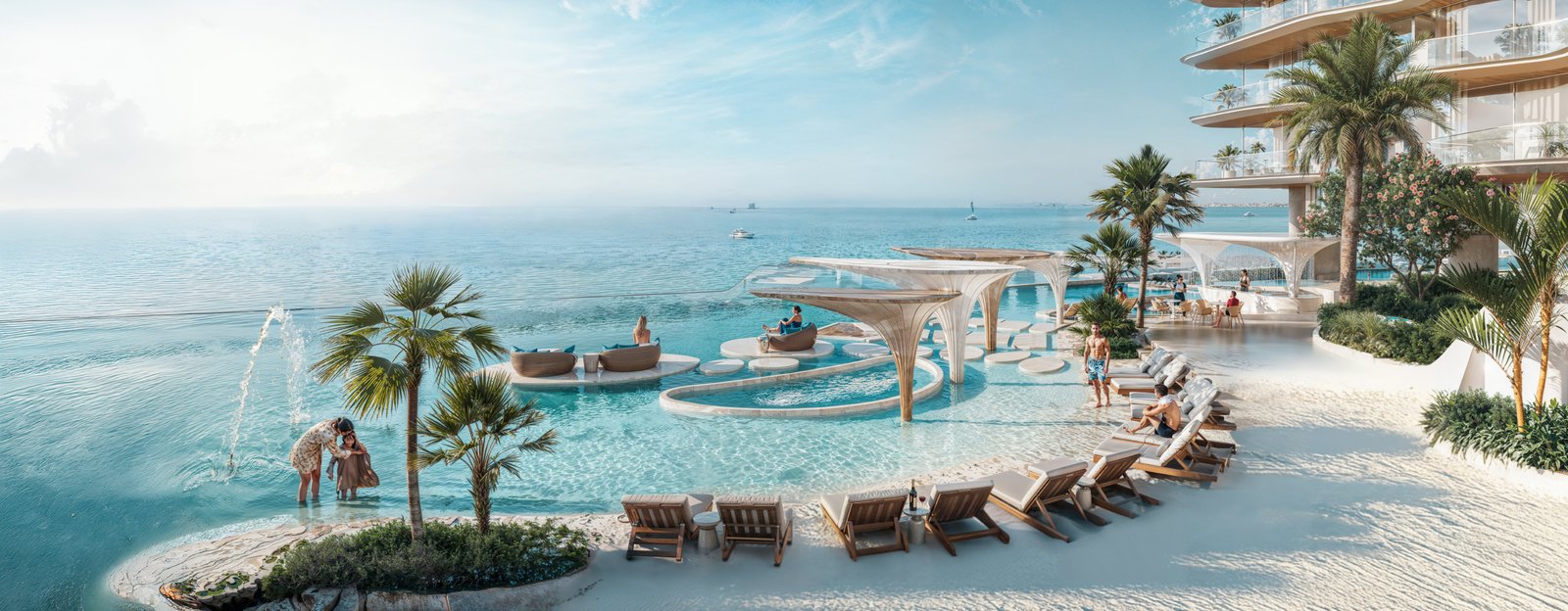 Pool Introducing Breez — a spectacular 60-floor waterfront residential tower in Dubai Maritime City, offering fully furnished oceanfront homes and 40+ resort-style amenities